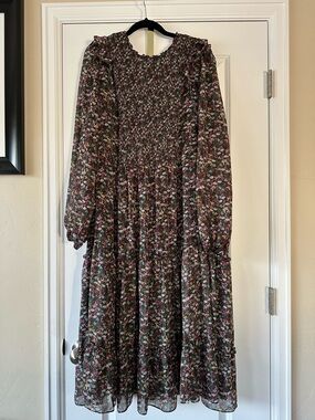 Draper James Dark Green Floral Smocked Midi Dress - Pink & Green